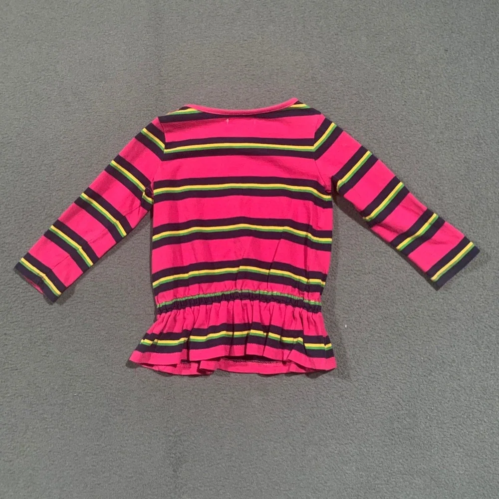 Ralph Lauren Baby Girls Pink Green Striped Peplum Bow Long Sleeve Shirt 9 Months